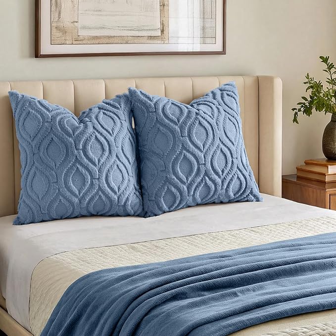 decorUhome Faux Fur Soft Dusty Blue Throw Pillow Covers 18x18 Set of 2 | Plush Solid Fall Couch Pillow Covers, Accent Modern Farmhouse Neutral Decorative Square Pillow Cases for Sofa Bed Living Room