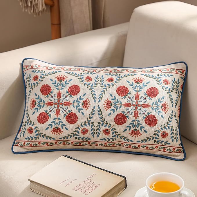 patdrea Designer French Vintage Linen Throw Pillow Cover,12"x20"-Puno D | Elegant Decorative Pillow Case with Zipper,Elegant Floral Pattern,Pillow Cover for Couch Living Room Bedroom Sofa