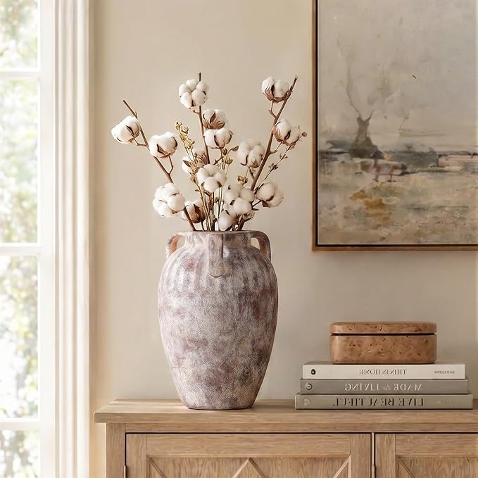 Ceramic Flower Vase with Handles, 8.86 inch Tall Ceramic Vase Home Decor Vintage Terracotta Rustic Unique Vase for Bouquet Pottery Barn Decor Large Vases Living Room Bathroom Modern Farmhouse