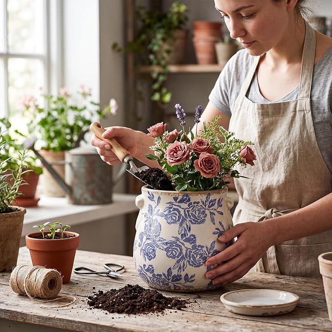 Ceramic Scroll Planter 6.5 Inch Chinoiserie Floral Vase with Drainage Holes Vintage Flower Vase Flower Pot Rustic Ceramic Pots for Indoor Plants Garden Home Bookshelf Decor (Blue)