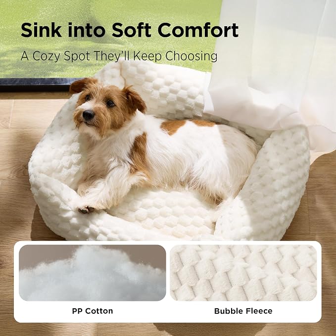 Bedsure Washable Fluffy Cute Cat Bed for Indoor Cats & Kitten,20 Inch Cream | Bubble Fleece Kitten Bed, Cuddler Cat Couch with Neck Bolster for Small Dogs, Machine Washable, Anti-Slip Base, Up to 8 lbs