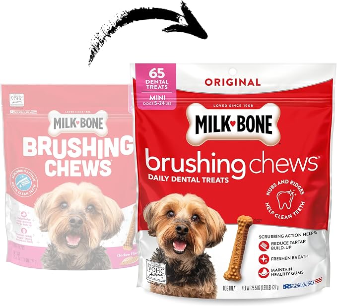 Milk-Bone Brushing Chews Original Chicken Flavor Daily Dental Dog Treats, Mini, 18.9 Oz. Bag (Pack of 5)