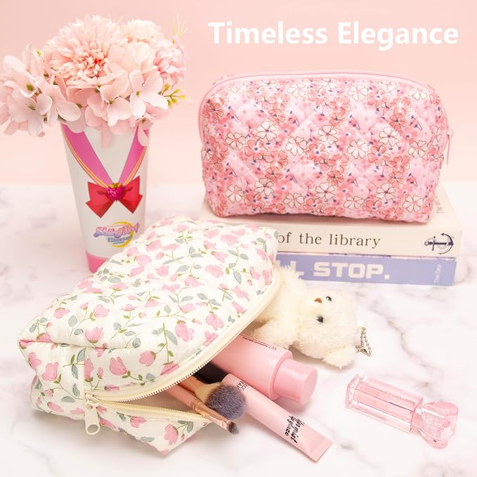 PAZIMIIK Small Quilted Makeup Bag,Zipper Cosmetic Pouch,Floral Pink | Lightweight Cosmetic Bag Organizer for Women,Purse Storage Holds Makeup,Toiletries,Skincare,Beauty Essentials,Travel Items