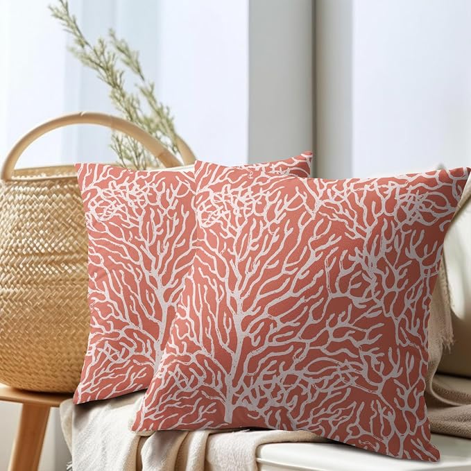Nautical Coastal Pillow Covers 24x24 Inch Set of 2 Summer Ocean Beach Coral Red Decorative Pillow Cases Outdoor Linen Cushion Cover Farmhouse Decor for Bedroom Home Sofa Couch Bed