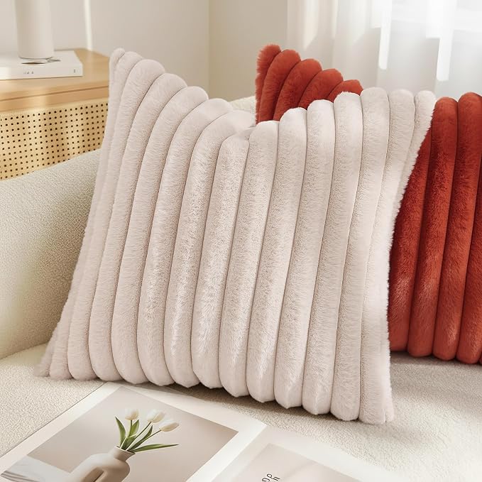 decorUhome Fall Faux Fur Throw Pillow Covers 26x26 Set of 2 Beige | Decorative Soft Cozy Striped Plush Modern Farmhouse Boho Couch Pillow Cases Velvet Back for Sofa Bed Living Room Home Decor
