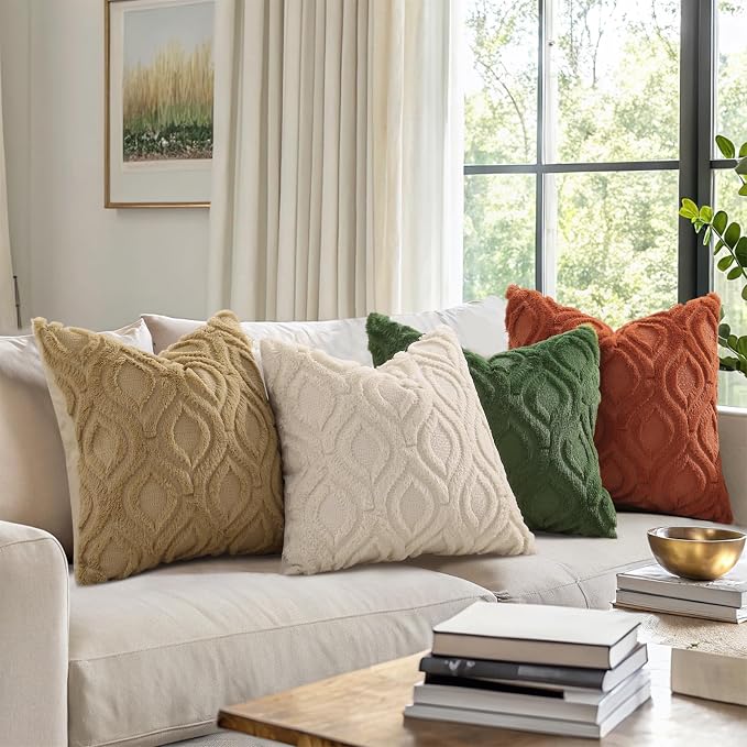 decorUhome Faux Fur Plush Soft Beige Throw Pillow Covers 18x18 Set of 2 | Wool Solid Fall Couch Pillow Covers, Accent Modern Farmhouse Neutral Decorative Square Pillow Cases for Sofa Bed Living Room