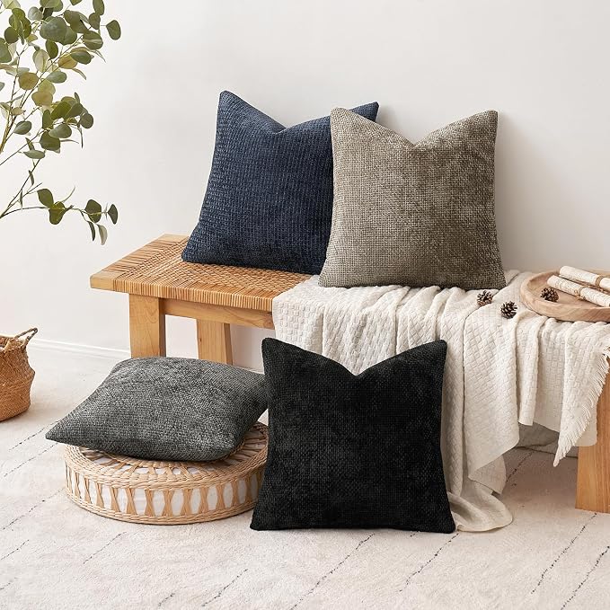 MIULEE Soft Decorative Chenille Pillow Covers Navy Grey 18x18 Pack of 4 | Modern Home Decor, Gray to Navy Set, Couch Throw Pillows, Farmhouse Boho Cushion Covers for Sofa Bed Living Room