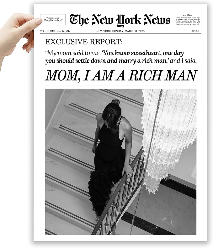 EcoHest 12x16 in Mom I Am a Rich Man Newspaper Canvas Art | Unframed Canvas Print, Girly Fashion Magazine Wall Decor for Bedroom, Apartment, Dorm Room, College Room, 1Pack