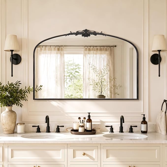 Besdomus Vintage Arched Black Mirror: 48"x33" Oversized Decorative Mirrors | French Baroque Metal Framed - Traditional Ornate for Home Renovation Decor - Ideal for Foyer/Entryway/Fireplace/Living Room