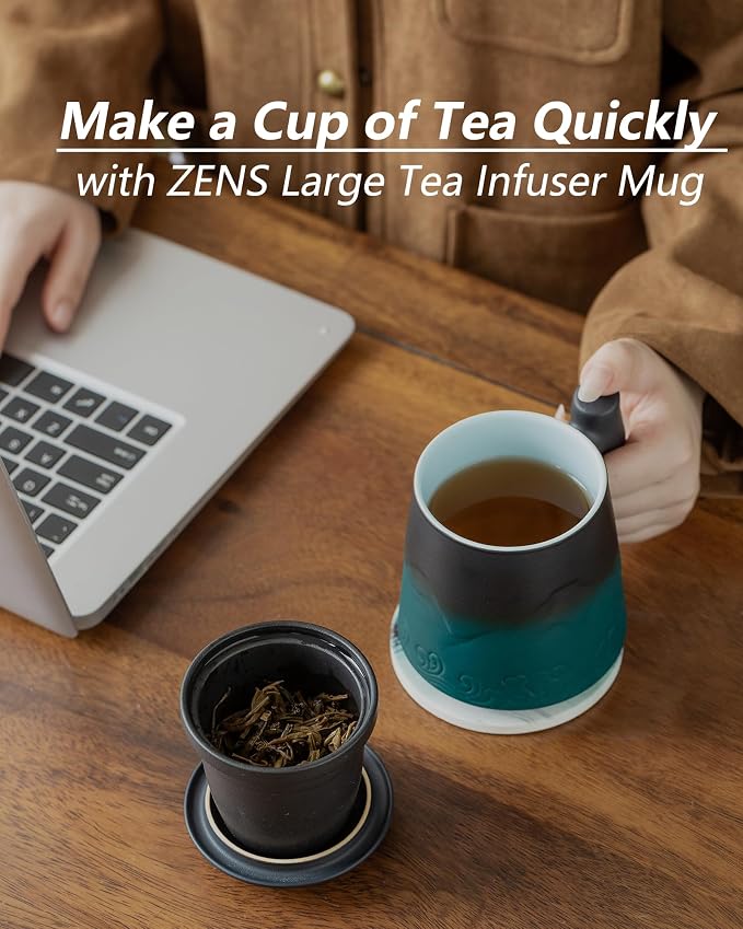 ZENS Tea Mug with Infuser and Lid for Loose Leaf Tea Steeper, 15.2oz Wood Handle Ceramic Tea Cup with Fine Strainers and Absorb Coaster for Tea Lovers Gifts