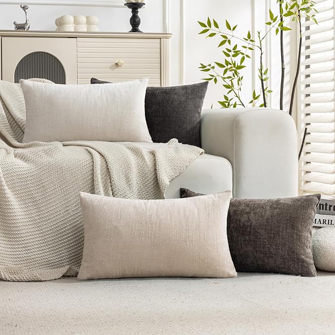 Set of 4 Soft Textured Decorative Throw Pillow Covers 12X20 Inch Cozy Farmhouse Cushion Cover Square Accent Pillow Cases for Bed Couch Sofa Living Room, Neutral