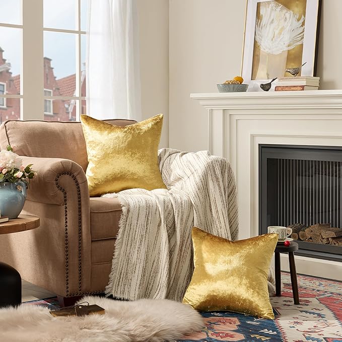 GIGIZAZA Gold Velvet Pillow Covers 20x20 Decorative Pillows Pack of 2 | Throw Pillows for Couch Sofa,300gsm Soft Textured Fabric,Modern Square Accent Pillowcases,Luxury Cushion Covers