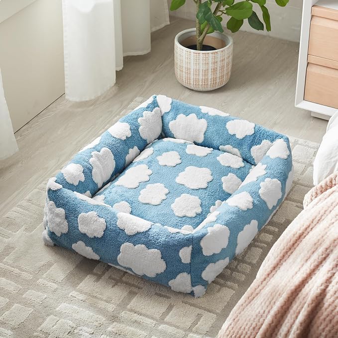 JOEJOY Cute Dog Bed Medium Size Dog, Rectangle Soft Furry Dog Beds for Large Medium Dogs, Washable Orthopedic Pet Bed with Removable Zipper Cover, Blue