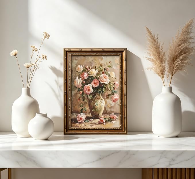 Gold Framed Vintage Floral Canvas Wall Art French Country Painting Picture Wall Decor Vase Flower Arrangement Poster Print Artwork for Living Room Bedroom Bathroom Home Decoration