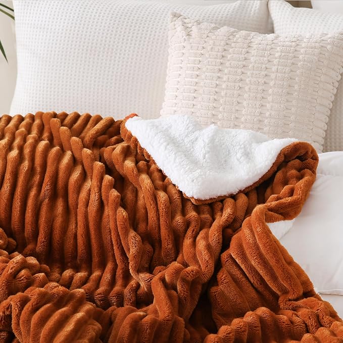 Burnt Orange Sherpa Fleece Throw Blanket 108”×90”for Couch Sofa | Double Side Soft Fuzzy Cozy Plush Thick Flannel Blanket with Striped Design Gift for Adults,Woman
