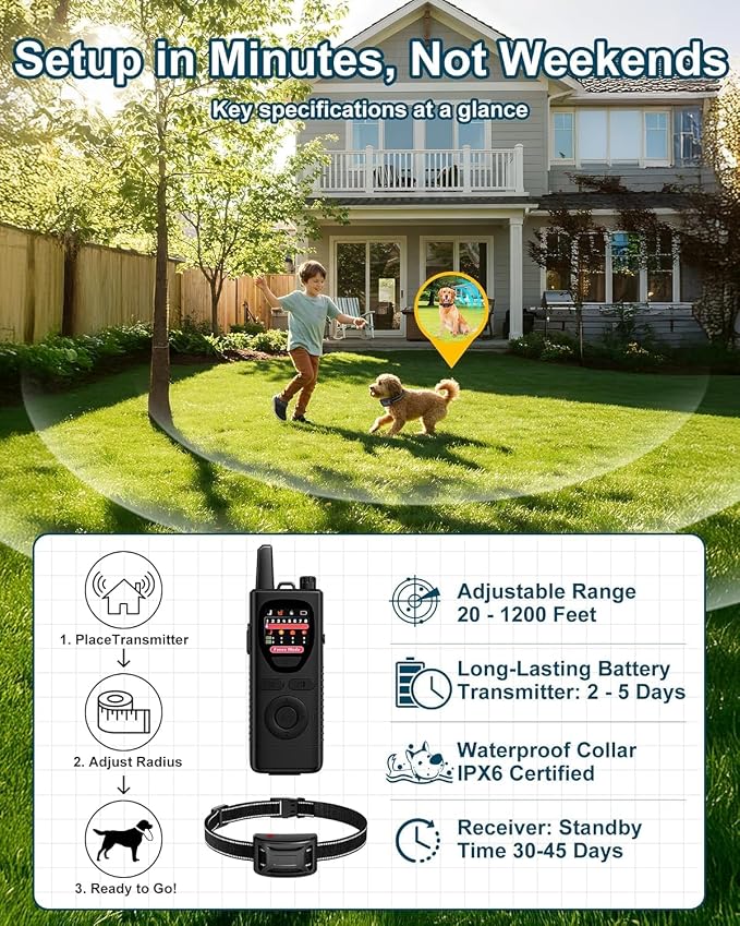 Wireless Dog Fence System - 2-in-1 Pet Containment & Training Collar with Accurate Boundary Control, IPX6 Waterproof and Rechargeable, for Large & Medium 1 Dogs Black