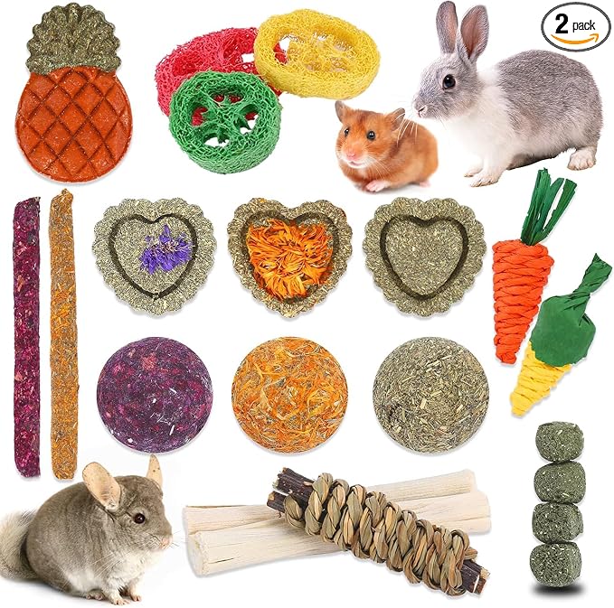Bunny Toys, 21PCS Rabbit Chew Toys for Teeth, Guinea Pig Natural Treats
