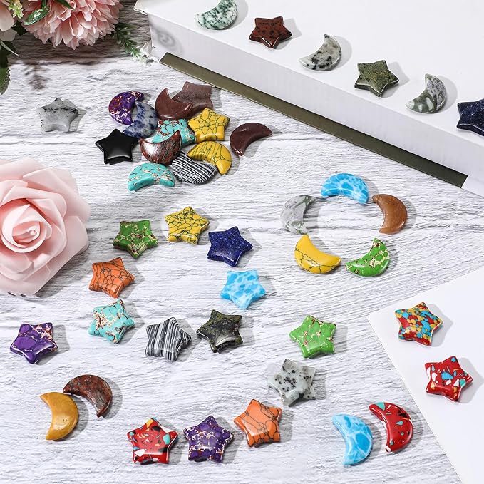 Nuenen 72 Pieces 1 inch Star and Moon Worry Stones Crystal Bulk Moon Shaped Thumb Gemstones Polished Pocket Star Palm Stones Bulk for Witchcraft Meditation Reiki Balancing Decor