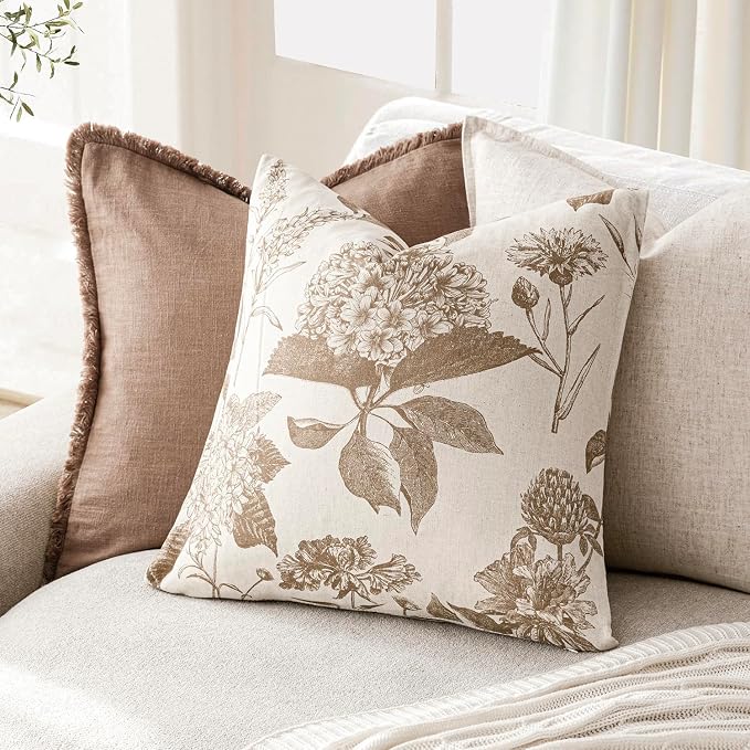 Foindtower Set of 2 Linen Floral Throw Pillow Covers Vintage Accent Print Decorative Cushion Covers Farmhouse Boho Home Decor for Sofa Chair Couch Bedroom Living Room,20×20 Inch,Light Brown