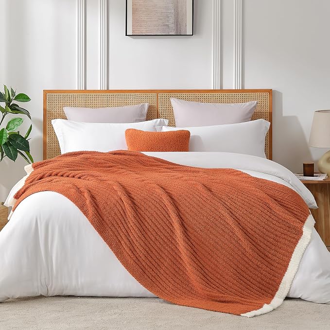 Snuggle Sac Burnt Orange Fall Throw Blanket for Couch, Fuzzy Microfiber Knit Halloween Blankets for Couch, Sofa, Travel, Burnt Orange, 50x60 inches