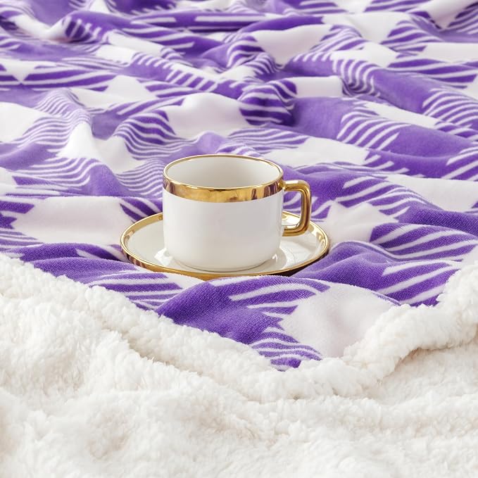 Sherpa Plaid Twin Blanket 60" X 70", Fuzzy Fluffy Soft Cozy Throw Blanket, Twin Size Plush Fleece Flannel Plush Microfiber Blanket for Couch Bed Sofa (PurpleWhite)