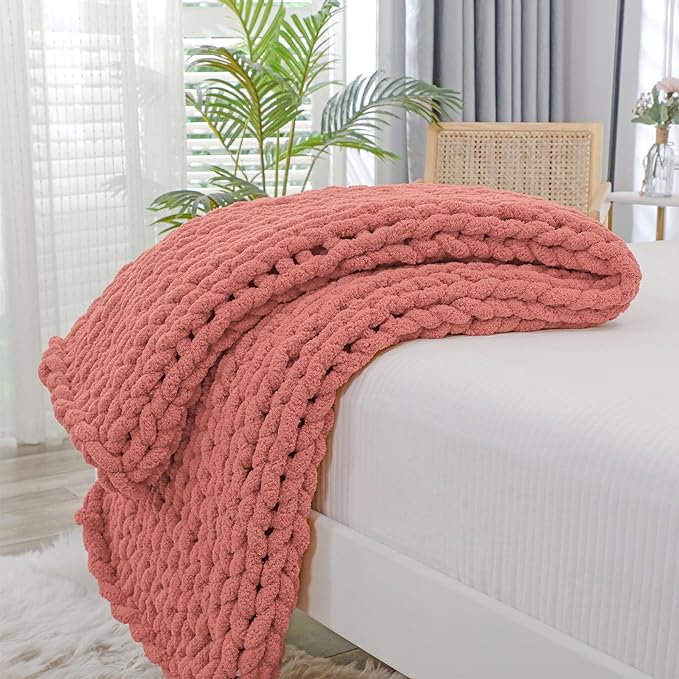 Bigacogo Chunky Knit Throw Blanket for Couch, 40x60 inches, Antique Red | Hand Knit with Jumbo Chenille, Soft Breathable Cable Knit for Sofa Bed Living Room, Machine Washable, Gift for Mom Friend