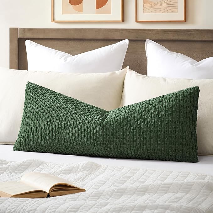 Kevin Textile Soft Corduroy 20"x54" Body Pillow Cover 1 Pack, Dark Green | Boho Stripe Plush Corduroy Decorative Oblong Cushion Cover Modern Farmhouse Home Decor for Sofa Couch Bed Chair