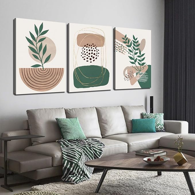 DNIEOTU Bohemian Wall Art for Living Room, Boho Botanical Wall-Decor for Bedroom, Minimalist Geometric Shapes Picture Prints, Size 24 x 36 Inches 3-Pieces