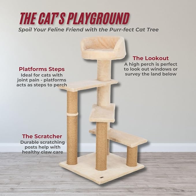 TRIXIE Tulia Senior Cat Tower – Cat Tree with Jute Wrapped Posts, Step-Style Platforms & Padded Top Bed – Comfortable Cat Furniture for Senior Indoor Cats – Beige, 20.1" x 20.1" x 40.2"