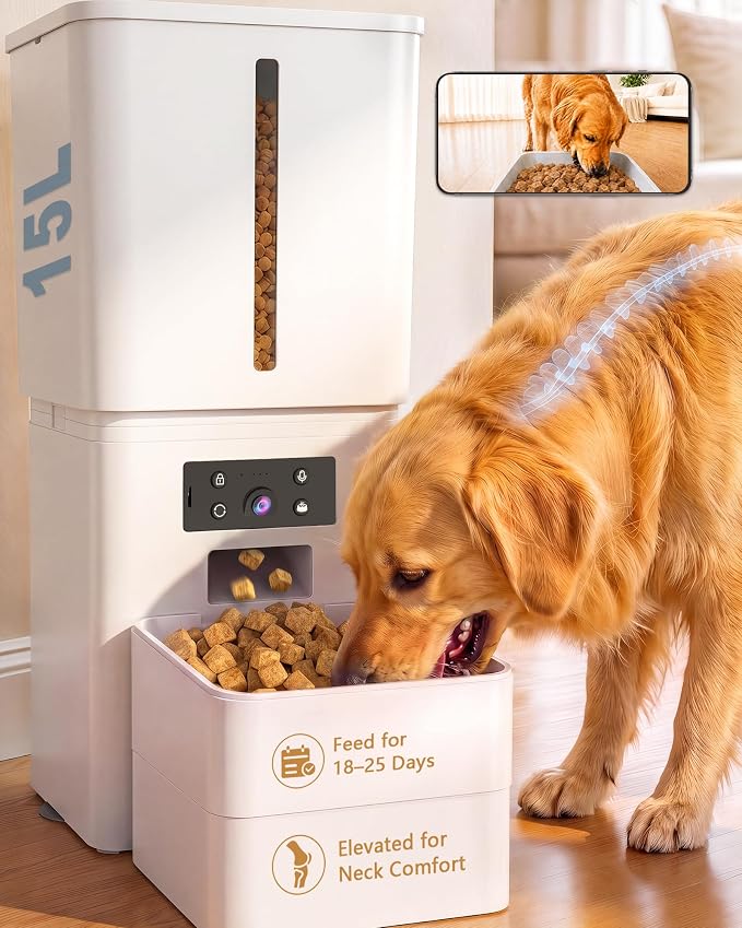 Automatic Dog Feeder Large Breed: 15L/63 Cup Capacity for Kibble up to 22mm | Anti-Clog Slow Feeder with Elevated Stand, Featuring HD Camera with WiFi and Easy App Scheduling by Yakry