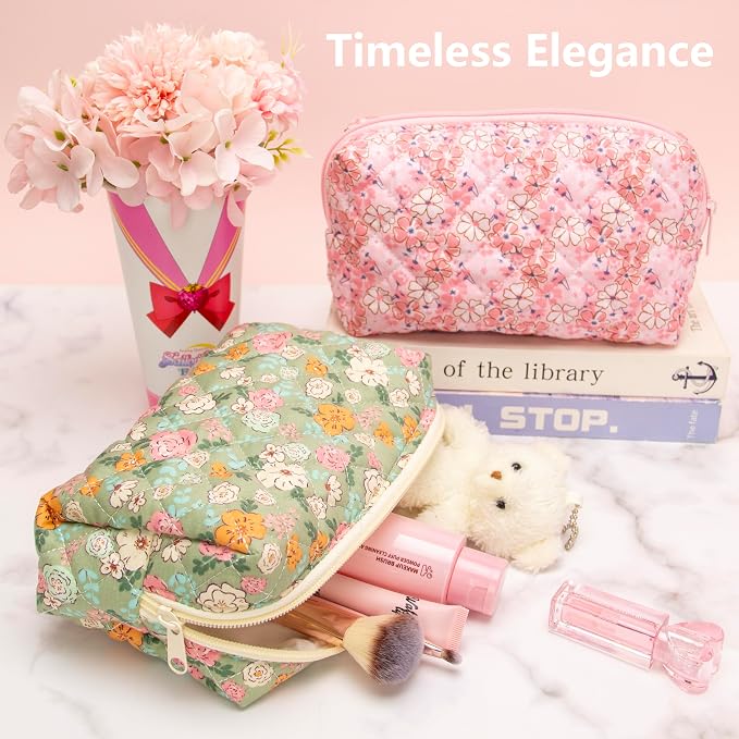 PAZIMIIK Small Quilted Makeup Bag,Zipper Cosmetic Pouch,Green Floral,6 Pack | Lightweight Cosmetic Bag Organizer for Women,Purse Storage Holds Makeup,Toiletries,Skincare,Beauty Essentials,Travel Items