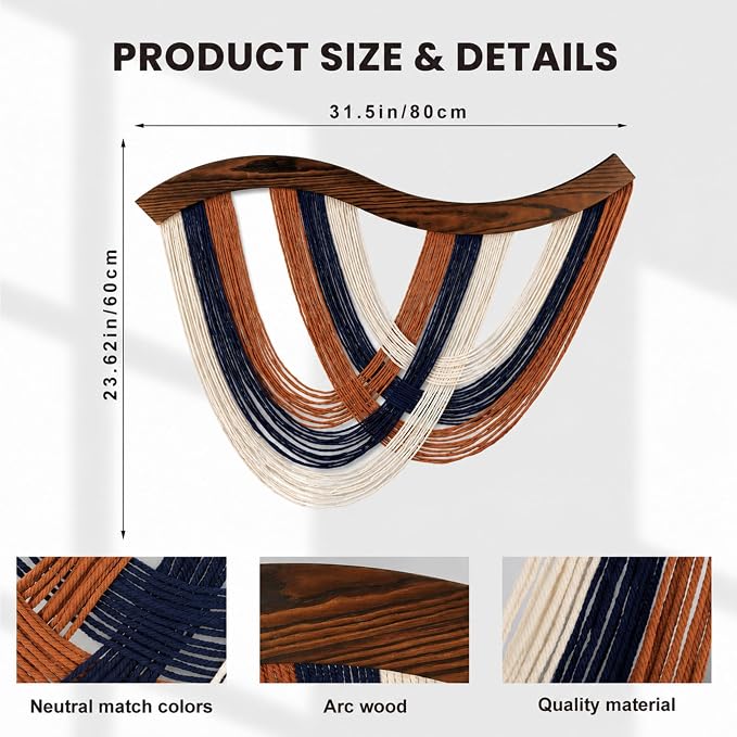 Mindsoft Terracotta Navy White Macrame Wall Hanging Dip Dyed Yarn Wall Art | Handmade Cotton Rope Tapestry for Bedroom, Living Room, Nursery, 31.5 x 23.6 Inch