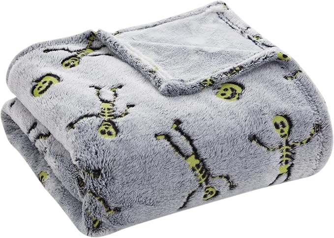 Halloween Glow in the Dark Throw Blanket: Skeletons and Jack O Lantern Pumpkins on Grey Velvet Fleece for Sofa Bed Couch Chair Dorm (Style 1)