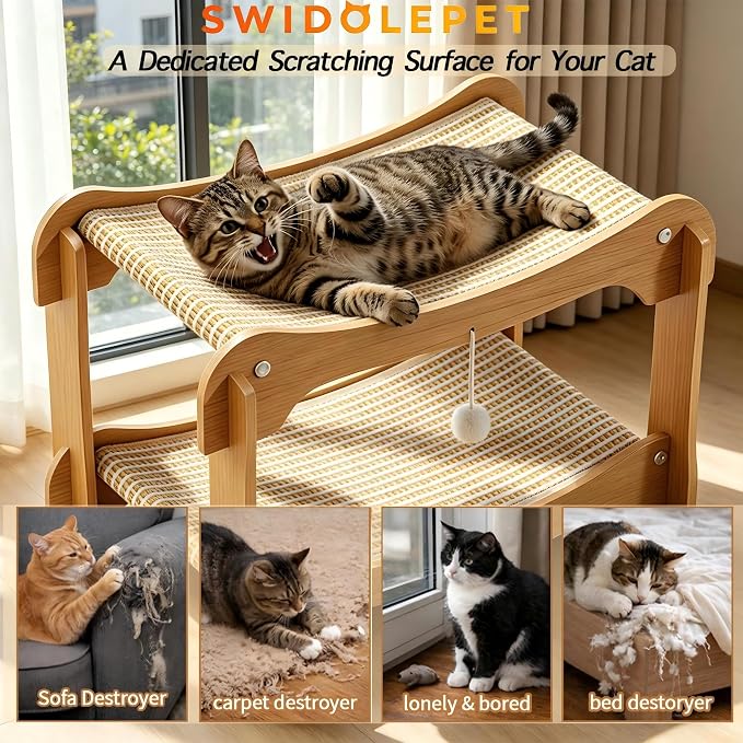 Two Level Sisal Cat Scratcher Bed | Natural Sisal Scratcher, Double Plush Perches, Non-Slip, Tool-Free Assembly for Indoor Apartment Cats Furniture Protection