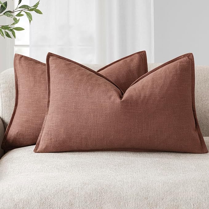 Foindtower Pack of 2, Decorative Linen Solid Throw Pillow Covers Soft Accent Lumbar Cushion Case Boho Farmhouse Pillowcase for Chair Couch Sofa Bedroom Living Room Home Decor 12 x 20 Inch Rust Red
