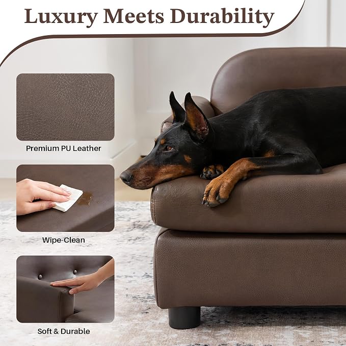 Luxury Dog Sofa Bed Elevated Pet Couch with Durable Waterproof Leather | Dog Couch with Orthopedic Sponge, Modern Furniture Style Dog Lounge & Pet Bedside Step, for Medium/Large Dogs, Brown
