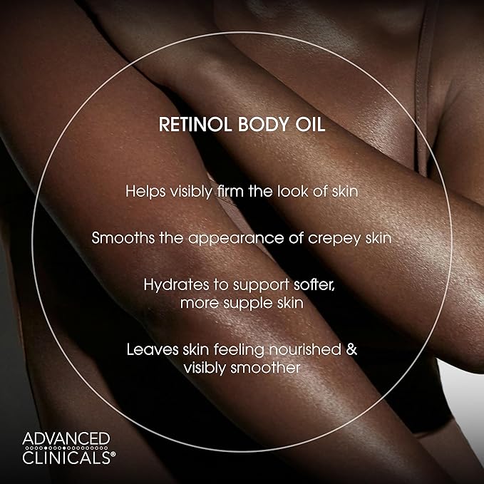 Advanced Clinicals Retinol Body Firming Oil | Retinol Body Oil After Shower Moisturizer Targets Look Of Crepey Skin & Wrinkles | Infused With Caffeine, Algae, & Vitamin E, Fragrance Free, 3.8 Fl Oz