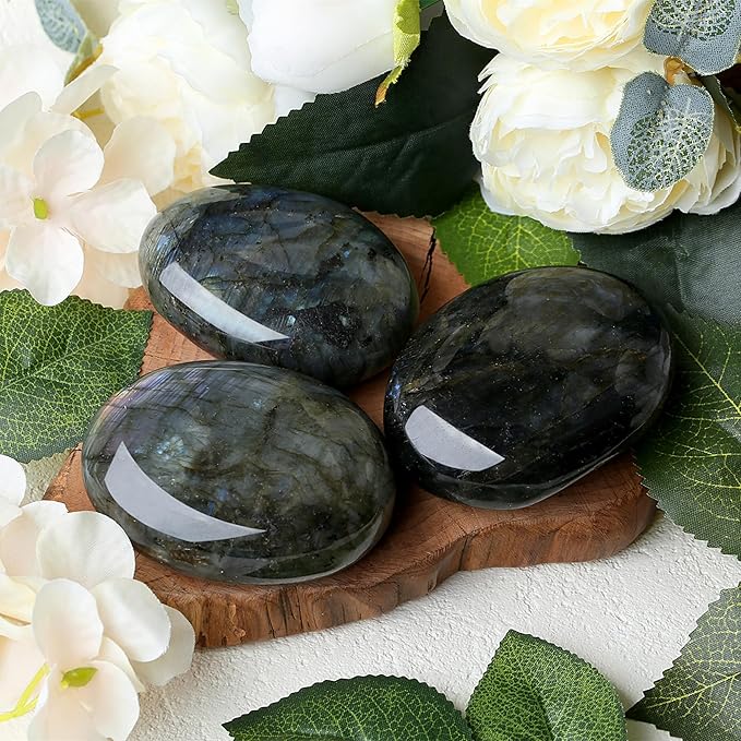ZHIYUXI 2.2-2.4" Black Labradorite Crystal Gemstones Healing Crystals Worry Stone for Anxiety Gifts for Women Men Energy Balancing Therapy Moonstone Polished Palm Stone and Crystals Gem Stone