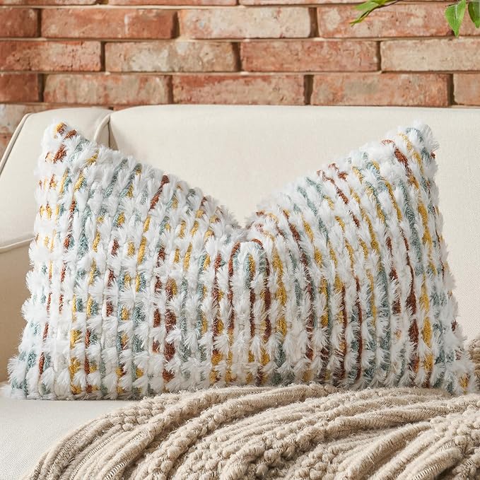 Boho Chenille Pillow Cover Decorative Tufted Pillowcase for Couch Bed Sofa Bedroom Living Room Modern 12 x 20-Inch Brown White