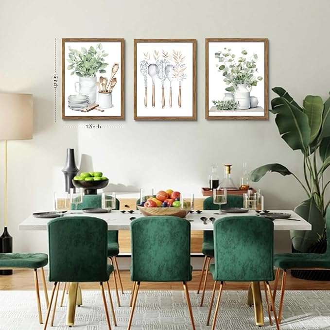 Sage Green Kitchen Canvas Wall Art Set of 3 – Framed Minimalist Eucalyptus Leaves Wall Decor Artwork, Modern Dining Room Plant Pictures Poster Prints for kitchen Home Decoration – 12x16in