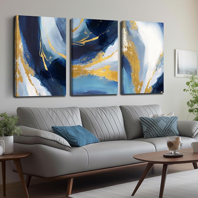 DNIEOTU Abstract Wall Art for Living Room, Blue and Gold Canvas Picture Prints Wall-Decor for Bedroom, Size 24 x 36 Inches 3-Pieces