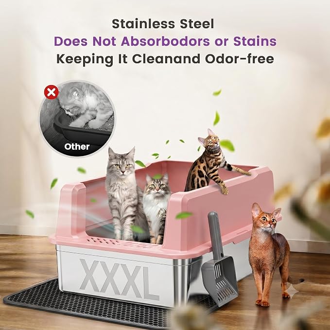 XXXL Stainless Steel Cat Litter Box with Lid, 26" L x 18" W x 12" H Metal Litter Box with High Sides for Big Cats & Multiple Cats, Never Absorbs Odors, Anti-Urine Leakage, Easy Cleanin(Pink)