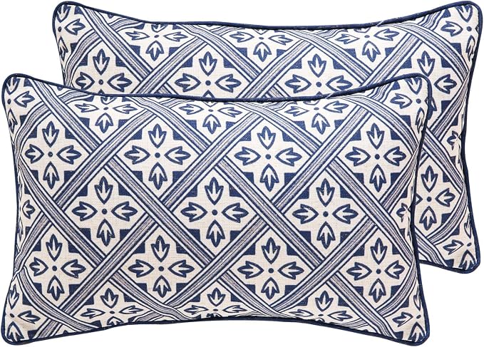 patdrea Designer French Linen Throw Pillow Cover,12"x20",Set of 2-Ivar C | Decorative Pillow Case,Chinoiserie Blue Floral Print Pillow Cover for Couch Living Room Bedroom Sofa