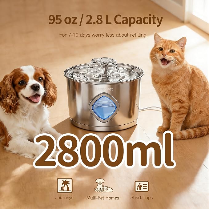 Cat Water Fountain Stainless Steel, 2.8L Quiet Dog Water Fountain | Automatic Quiet Pet Drinking Fountain, Water Level Window, 2 Filters & 2 Sponges - Gift for Small Animals like Dog & Kitty