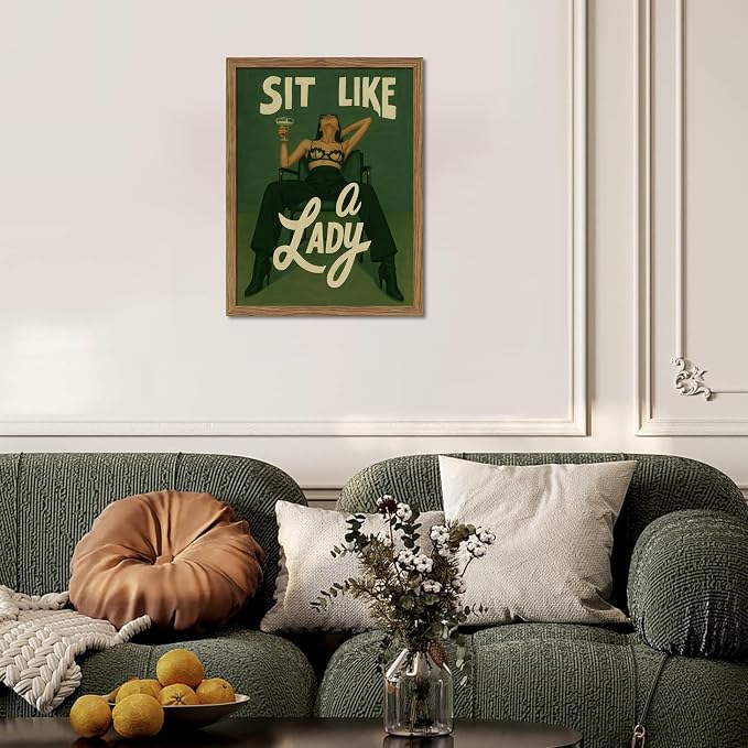 Framed Feminist Wall Art, Vintage Sit Like a Lady Green Wall Decor, Bold Girl Power Feminine Poster Print, Retro Empowering Female Canvas Painting Aesthetic for Bedroom Dorm 12x16 inch