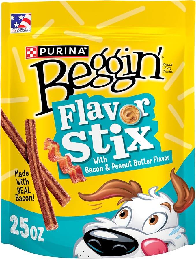 Purina Beggin' Flavor Stix Dog Treats, 25 oz Pouch | With Bacon & Peanut Butter Flavor, real meat dog chews, no artificial colors