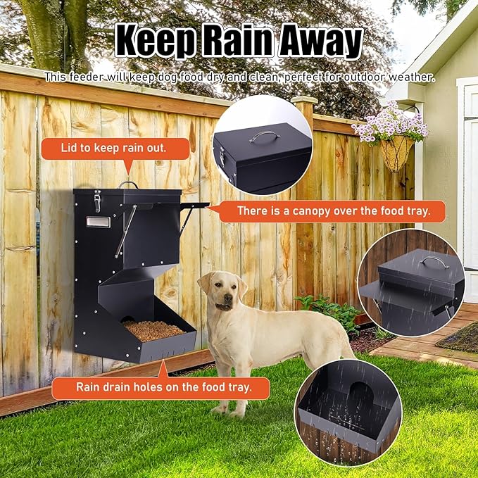 Outdoor Automatic Dog Feeder Large Breed 25 lbs Gravity Dog Feeder | Galvanized Metal Self Feeding Dog Food Dispenser Hanging Pet Food Feeders for Dogs Chickens and Farm Animals