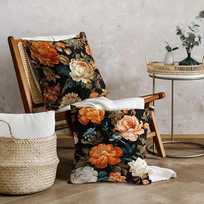 Black Boho Floral Pillow Covers 18X18 Inch Set of 2 Vintage Orange Beige Botanical Flowers Decorative Pillow Cases Mid Century Modern Bohemian Cushion Case Farmhouse Home Decor for Sofa Couch