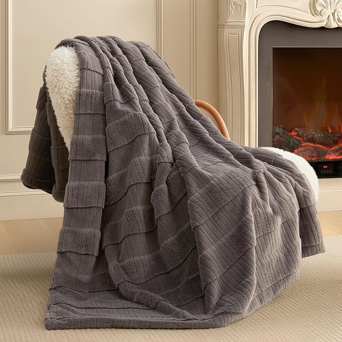 Luxury Striped Faux Fur Throw Blanket for Couch, Soft Cozy Fuzzy Fluffy Soft Plush Blankets Sofa Chair Gift Blankets for Women, 60"x80", Charcoal Gray