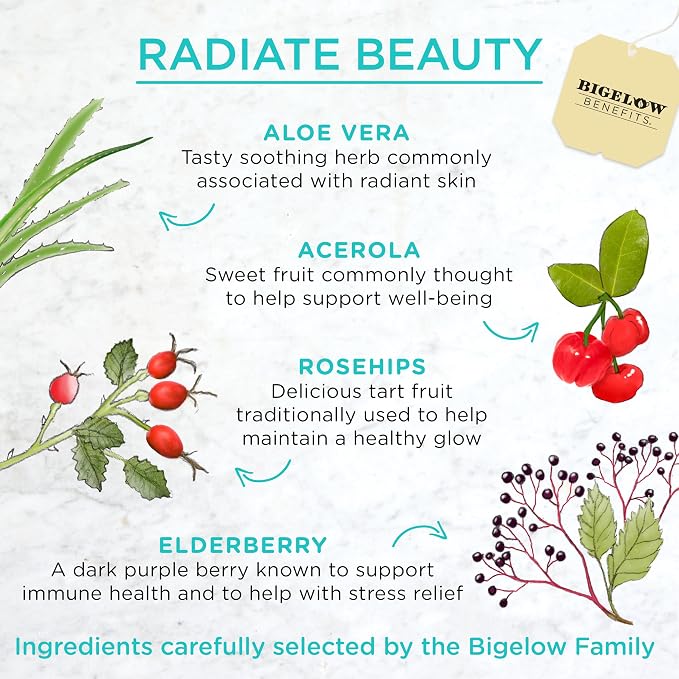 Bigelow Benefits Radiate Beauty Blueberry and Aloe Herbal Tea, Caffeine Free, 18 Count (Pack of 6), 108 Total Tea Bags
